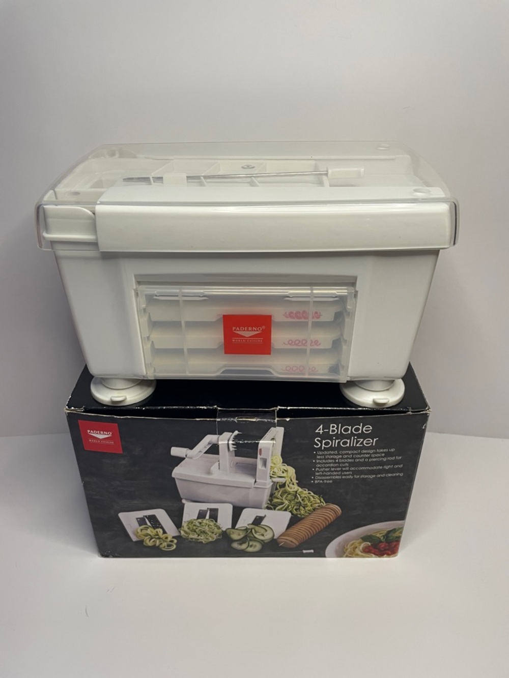 NIB PADERNO WORLD CUISINE White 4 Blade Spiralizer Vegetable Slicer.
